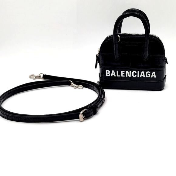 BALENCIAGA Black Calfskin Logo Crocodile Embossed Mini Ville Top Handle Bag XXS - Picture 3 of 16